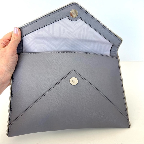 REBECCA MINKOFF Leo Gray Safiano Structure Leather Zipper Accent Envelope Clutch - Picture 14 of 16